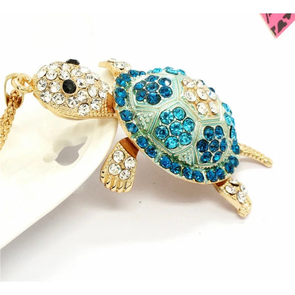 Betsey Johnson Gold Turtle Necklace with Teal and Clear Rhinestones